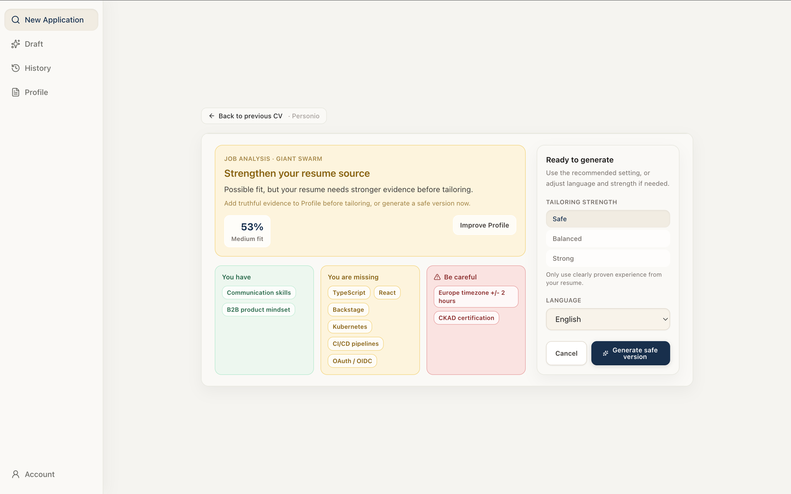 RolePilot job analysis showing the role fit before generating application documents